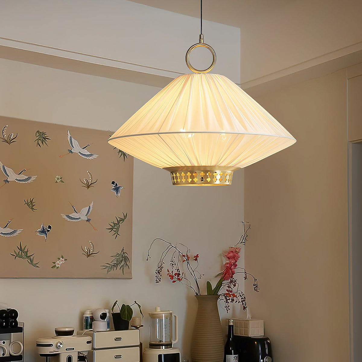 Lunara Pendant Light – Pleated Fabric Shade with Gold Accents