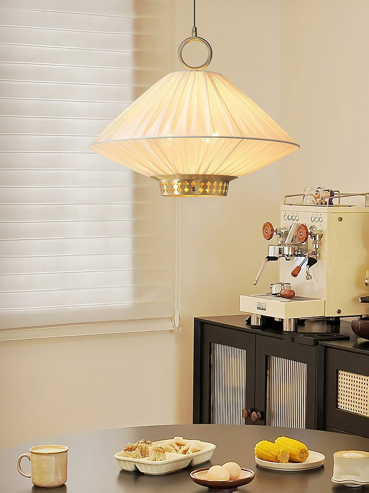Lunara Pendant Light – Pleated Fabric Shade with Gold Accents