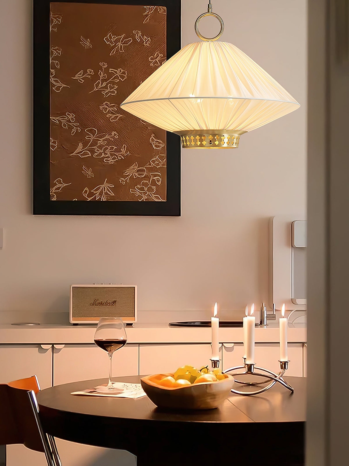 Lunara Pendant Light – Pleated Fabric Shade with Gold Accents