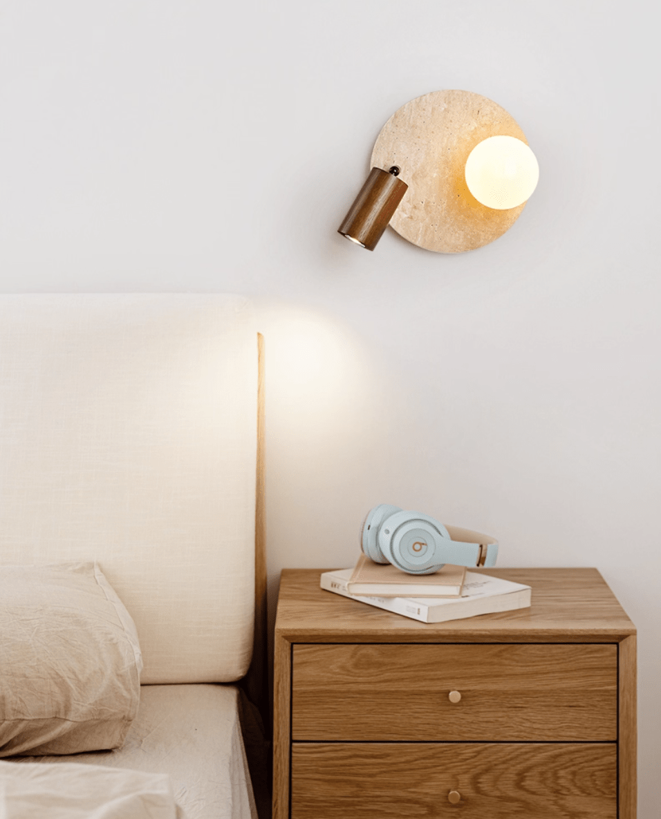 Lunara Duo Wall Sconce in Travertine, Wood & Opal Glass