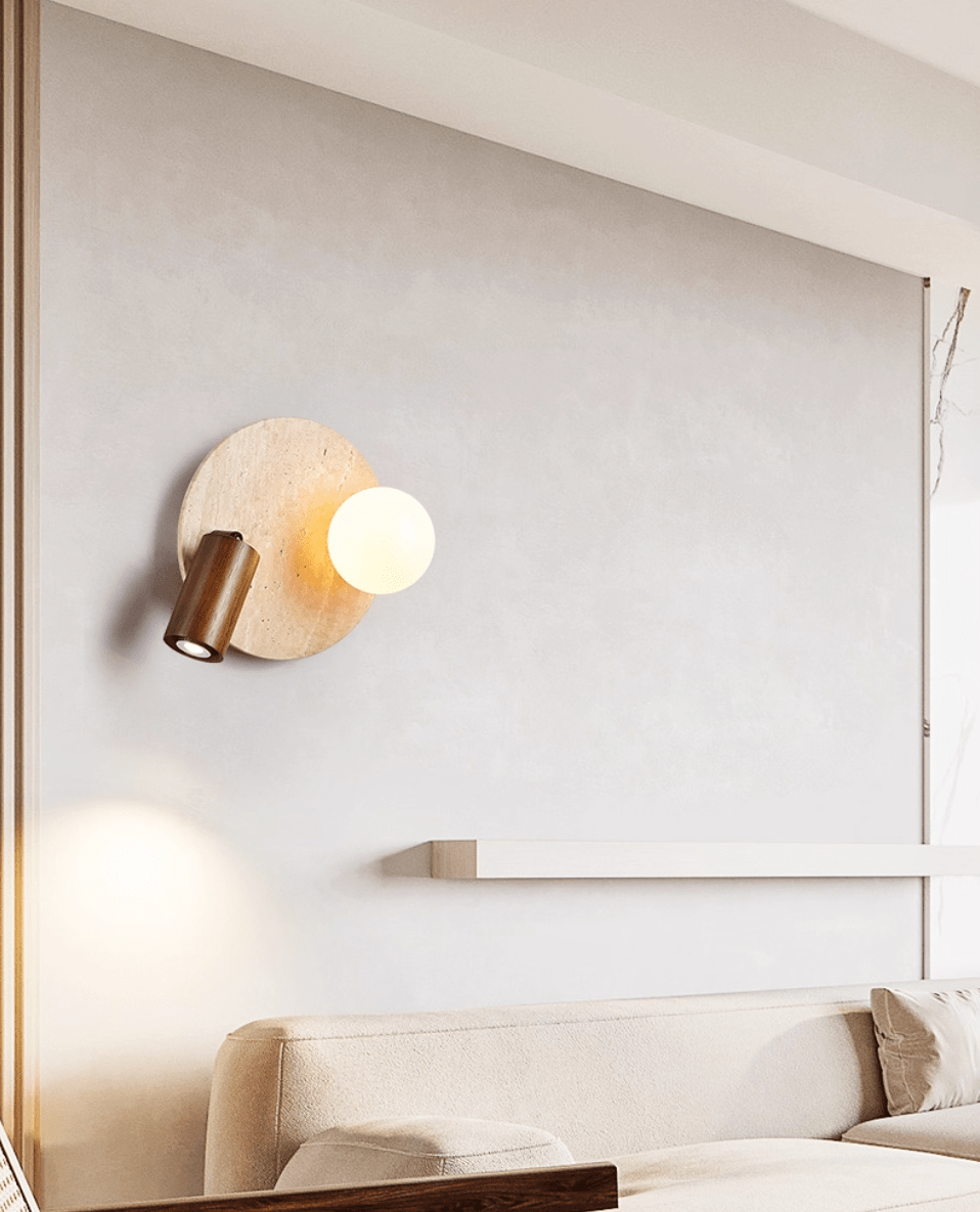 Lunara Duo Wall Sconce in Travertine, Wood & Opal Glass