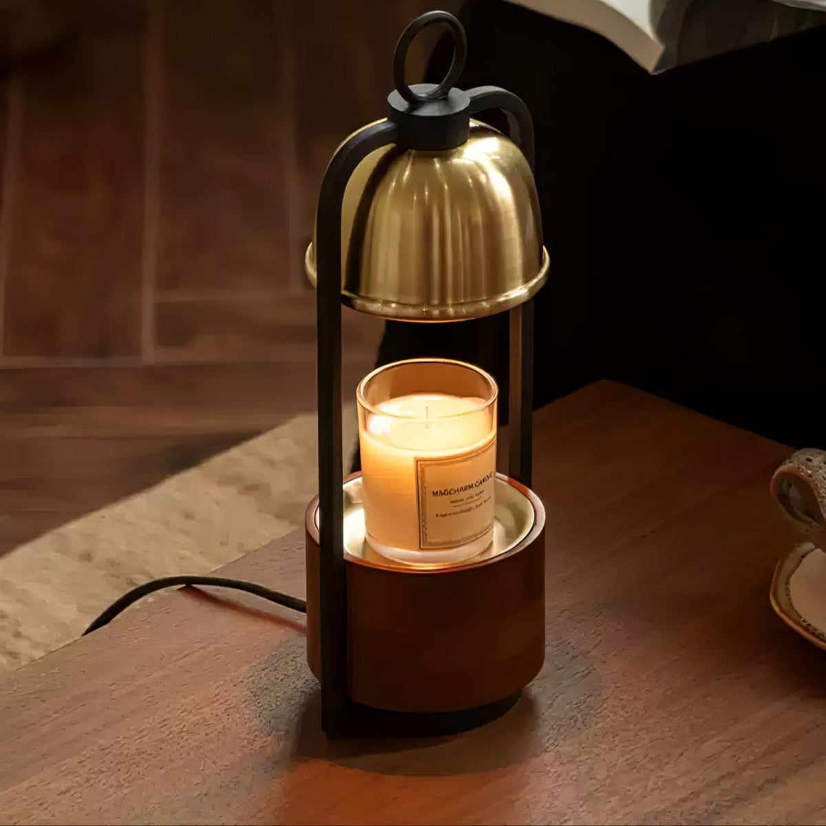 Lunara Candle Warmer Lamp – Brass & Walnut Table Light