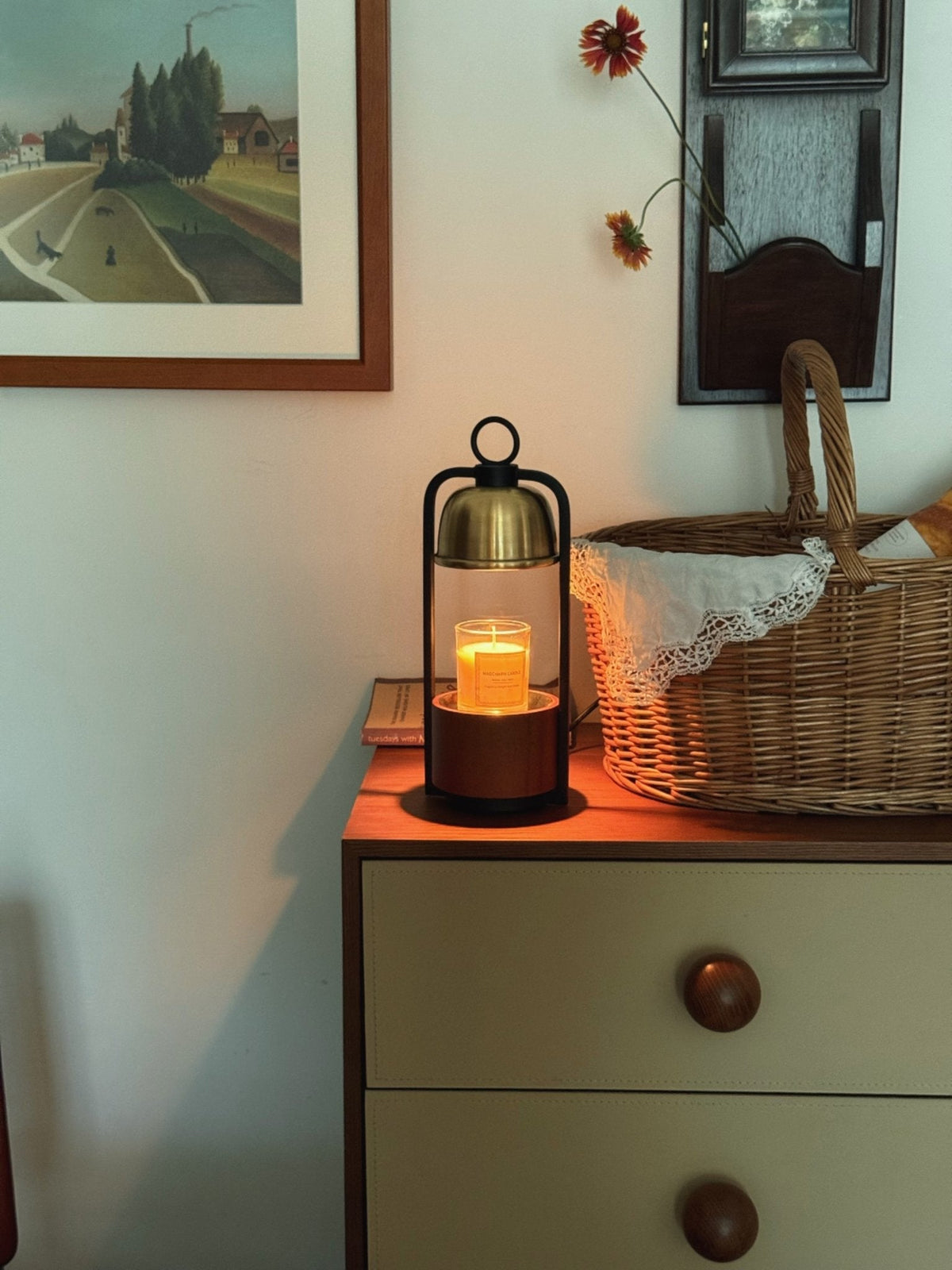 Lunara Candle Warmer Lamp – Brass & Walnut Table Light