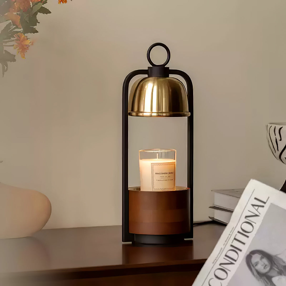 Lunara Candle Warmer Lamp – Brass & Walnut Table Light