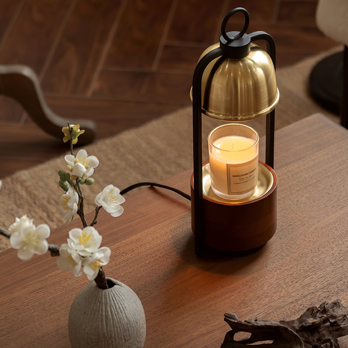 Lunara Candle Warmer Lamp – Brass & Walnut Table Light