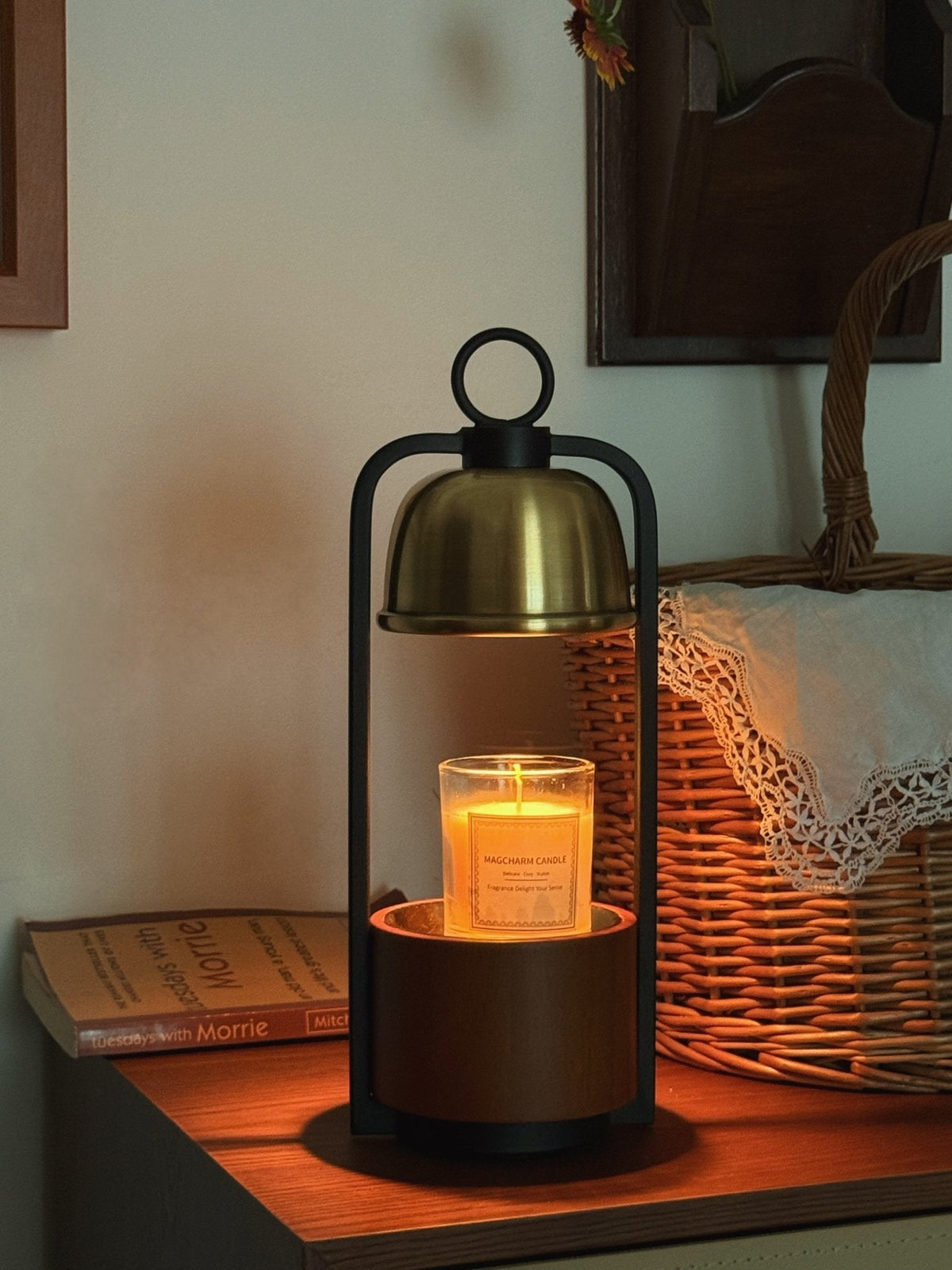 Lunara Candle Warmer Lamp – Brass & Walnut Table Light