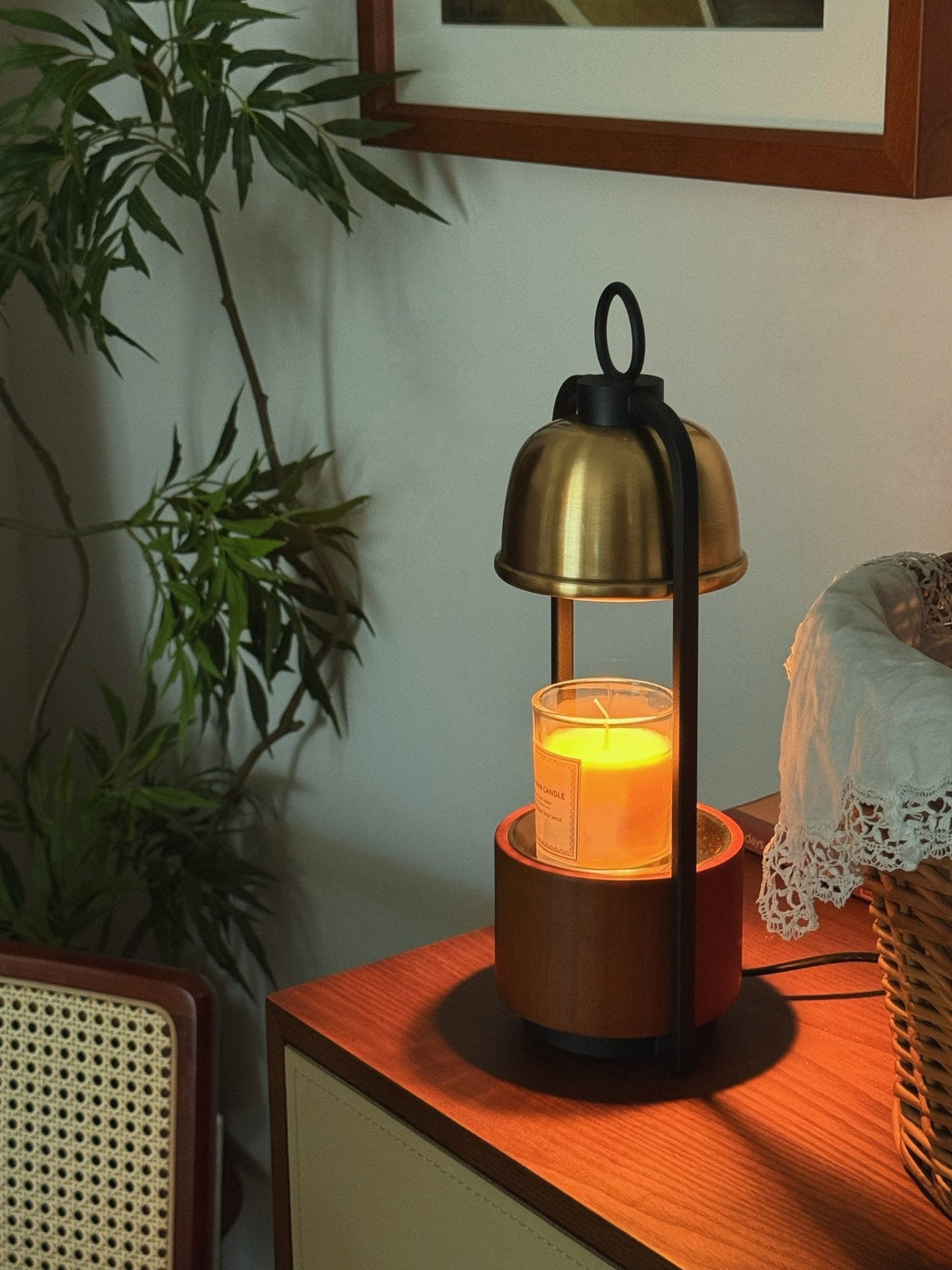 Lunara Candle Warmer Lamp – Brass & Walnut Table Light
