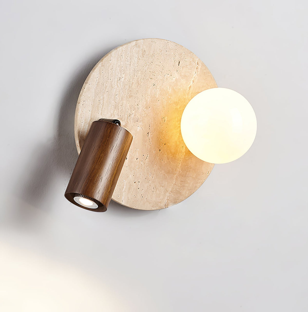 Lunara Duo Wall Sconce in Travertine, Wood & Opal Glass