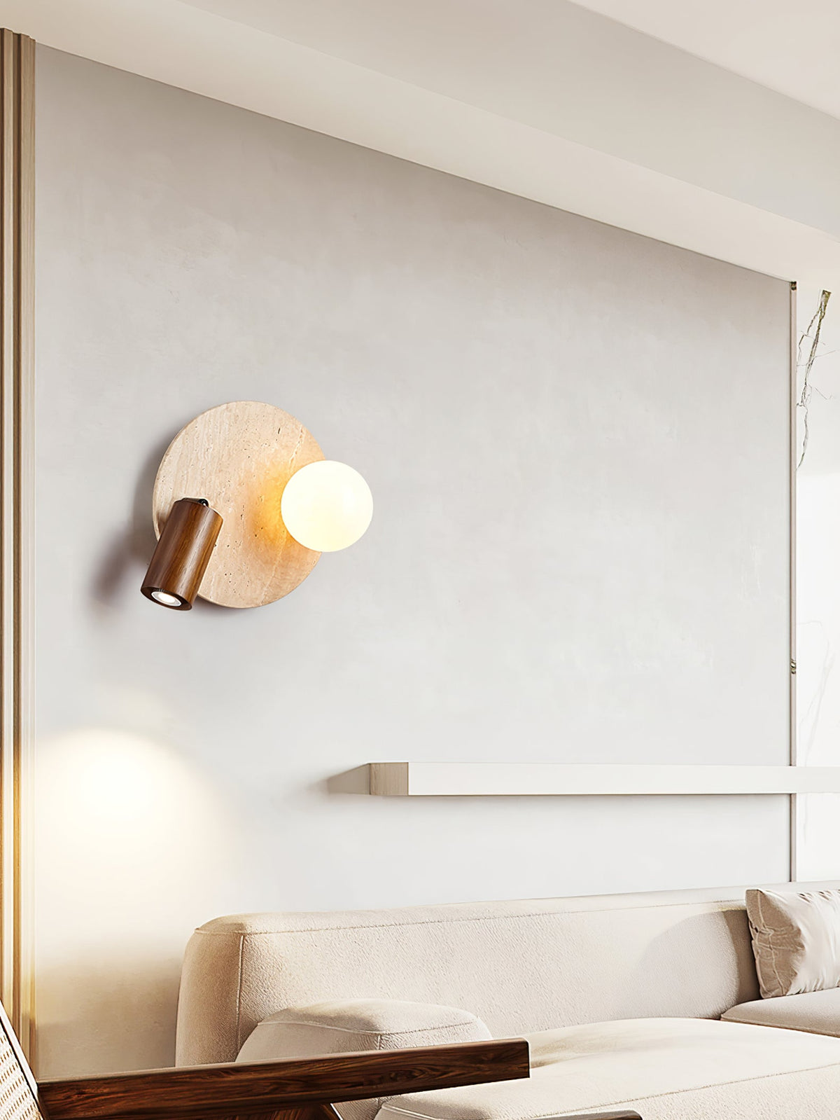 Lunara Duo Wall Sconce in Travertine, Wood & Opal Glass