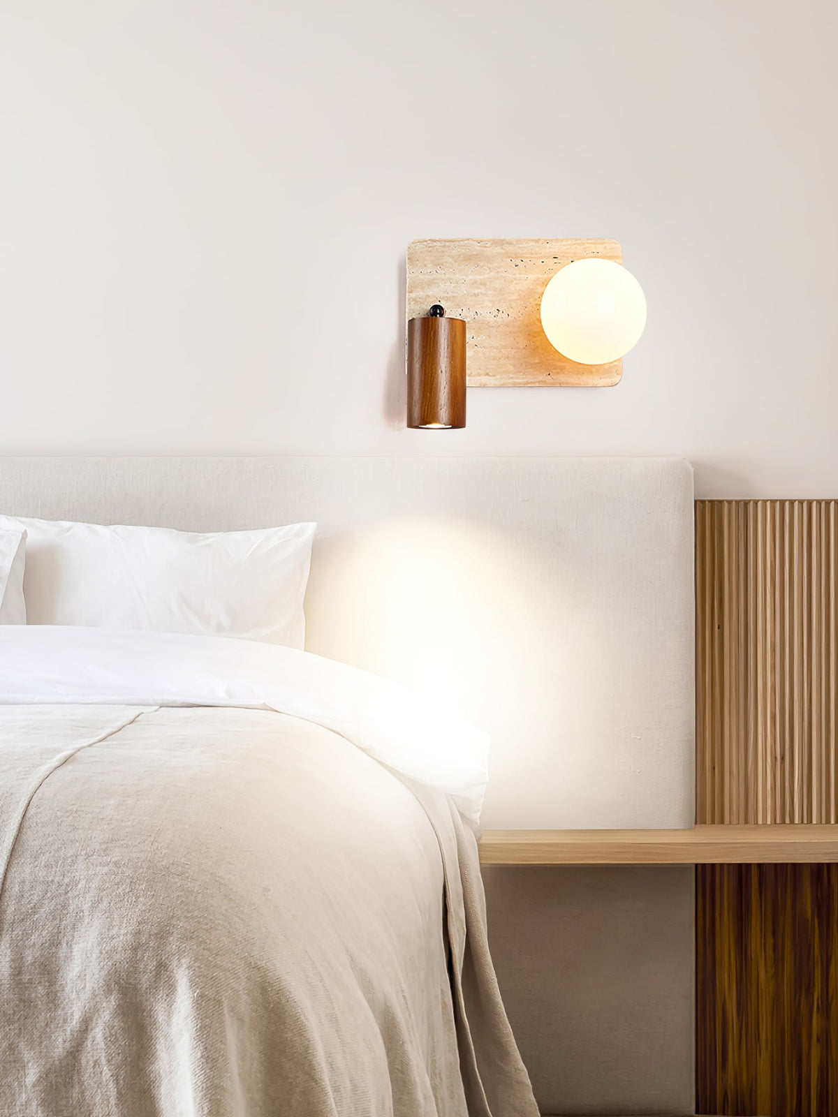 Lunara Duo Wall Sconce in Travertine, Wood & Opal Glass