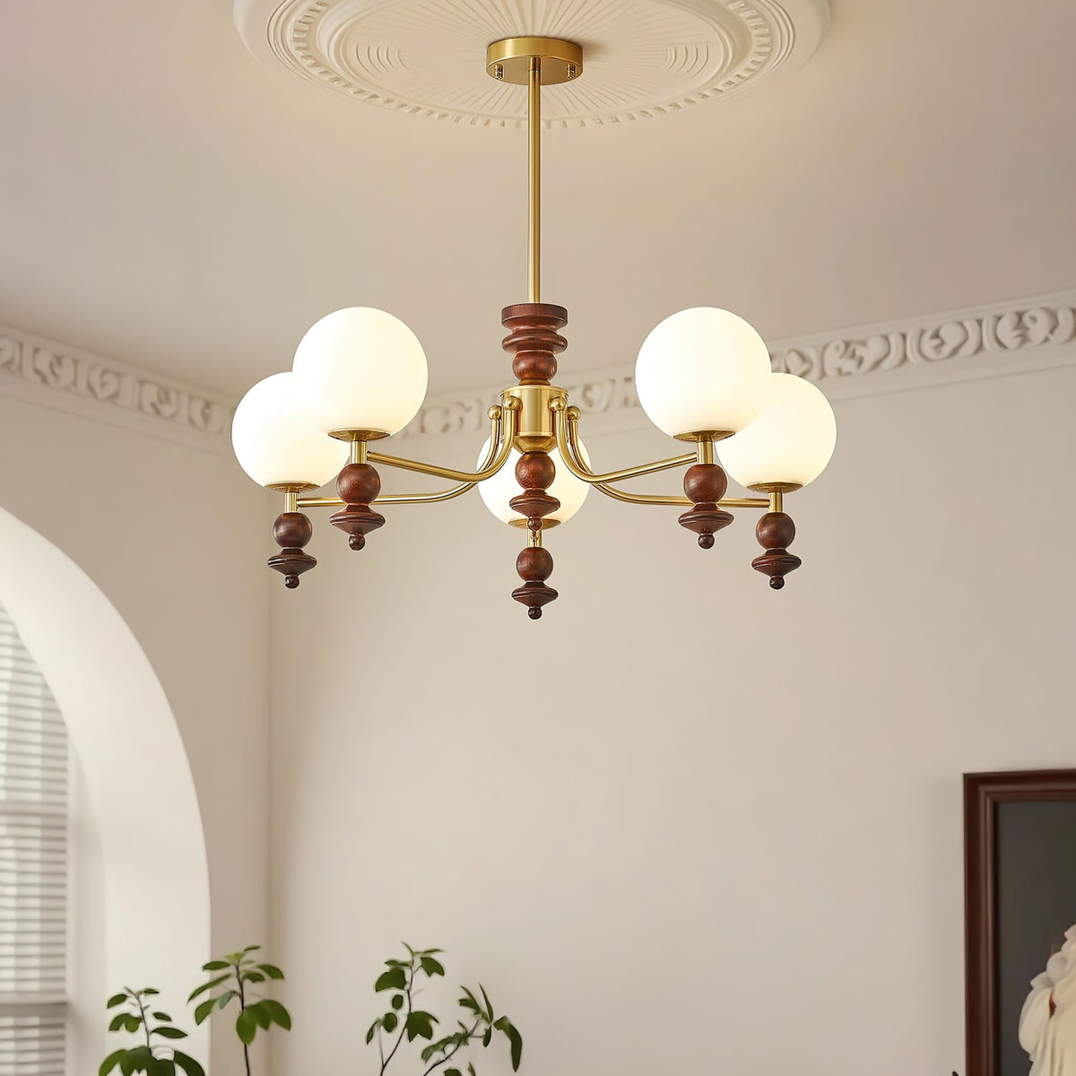 Lunaris Modern Glass Chandelier with Walnut Wood Accents for Dining Room and Living Room