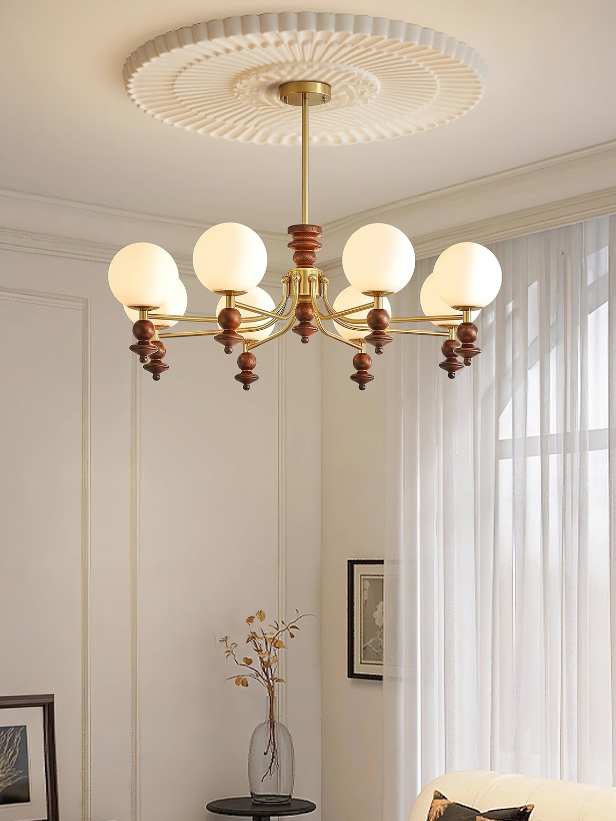 Lunaris Modern Glass Chandelier with Walnut Wood Accents for Dining Room and Living Room