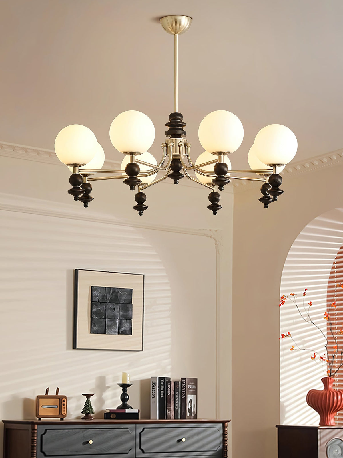 Lunaris Modern Glass Chandelier with Walnut Wood Accents for Dining Room and Living Room