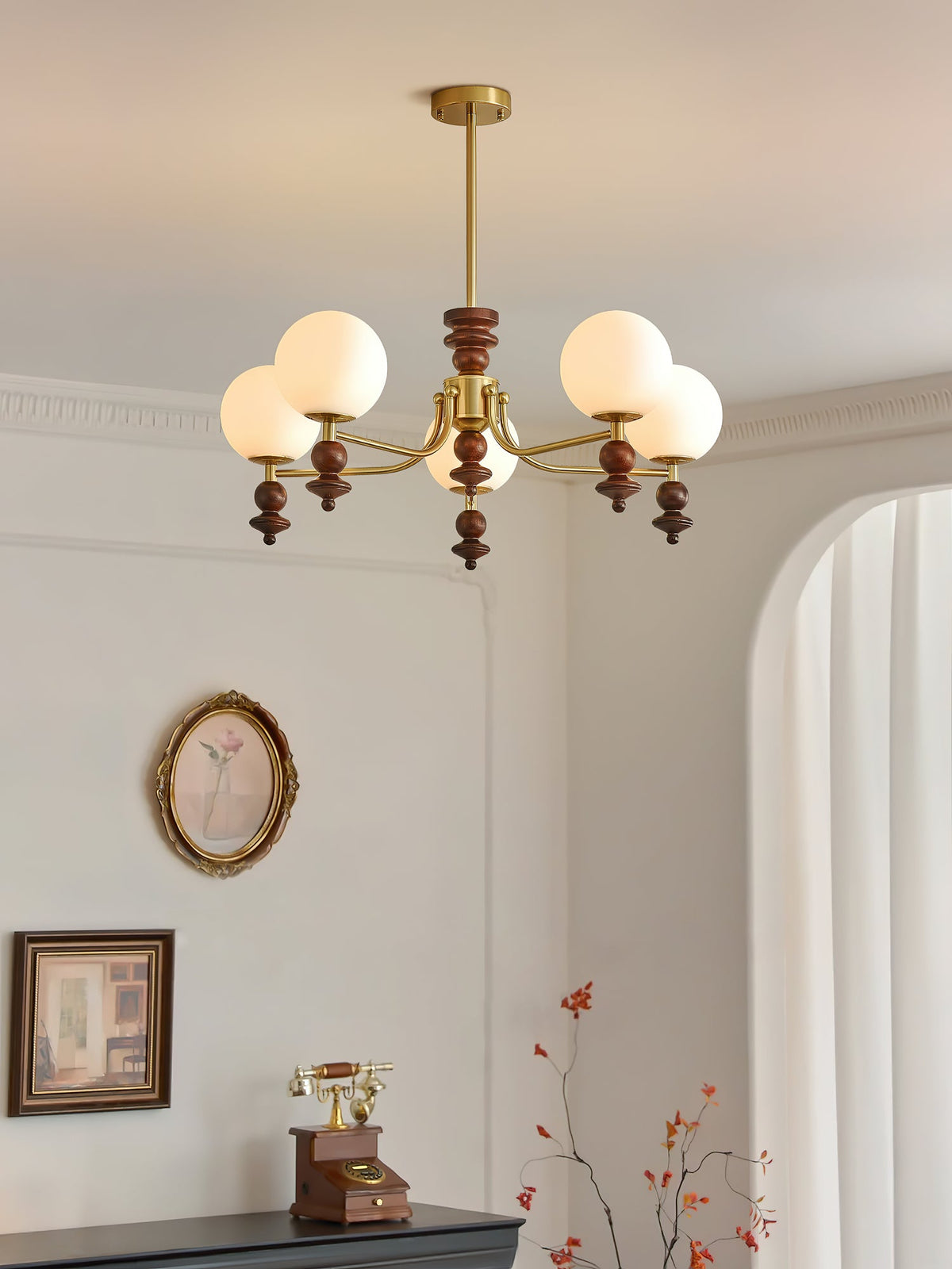 Lunaris Modern Glass Chandelier with Walnut Wood Accents for Dining Room and Living Room