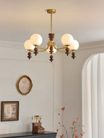 Lunaris Modern Glass Chandelier with Walnut Wood Accents for Dining Room and Living Room