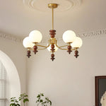 Lunaris Modern Glass Chandelier with Walnut Wood Accents for Dining Room and Living Room