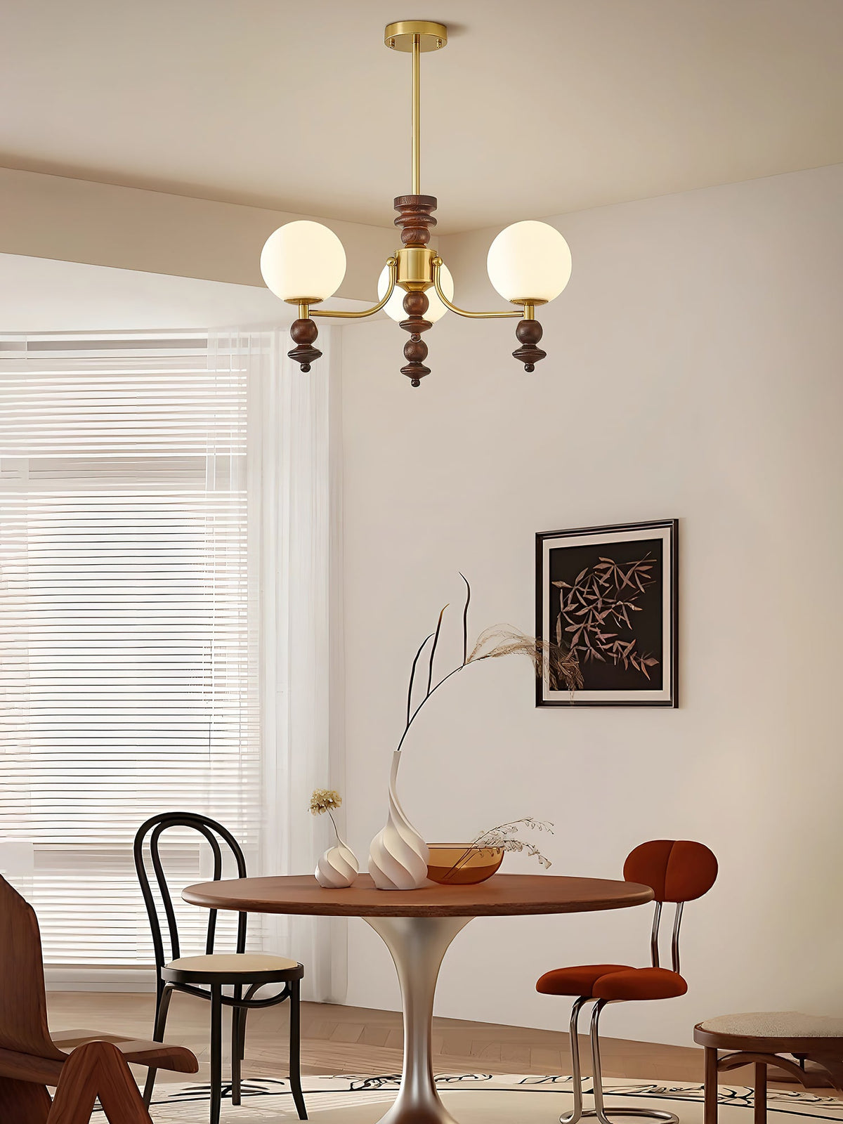 Lunaris Modern Glass Chandelier with Walnut Wood Accents for Dining Room and Living Room