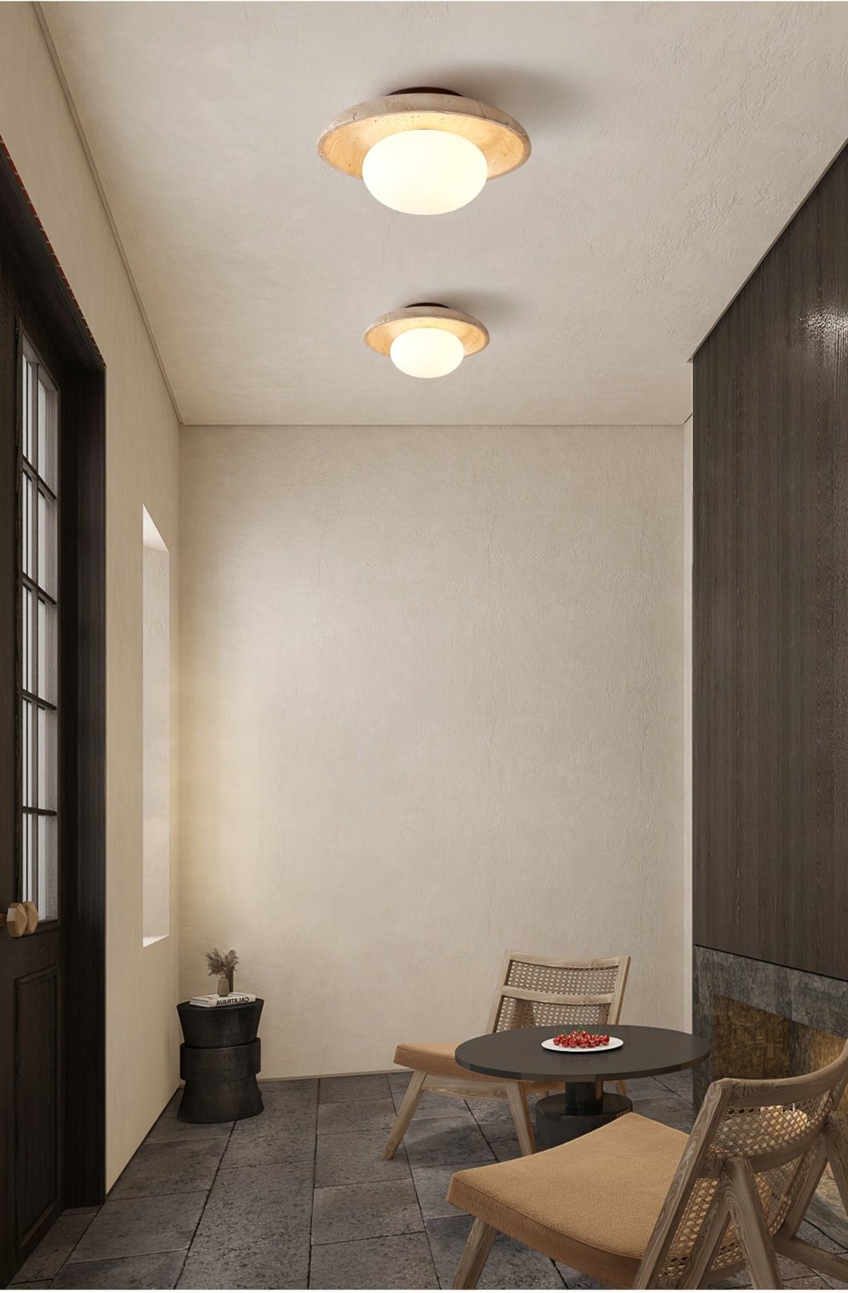 Lunaro Travertine Flush Mount Ceiling Light, Natural Stone & Opal Glass