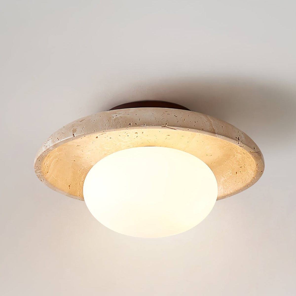 Lunaro Travertine Flush Mount Ceiling Light, Natural Stone & Opal Glass