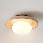 Lunaro Travertine Flush Mount Ceiling Light, Natural Stone & Opal Glass