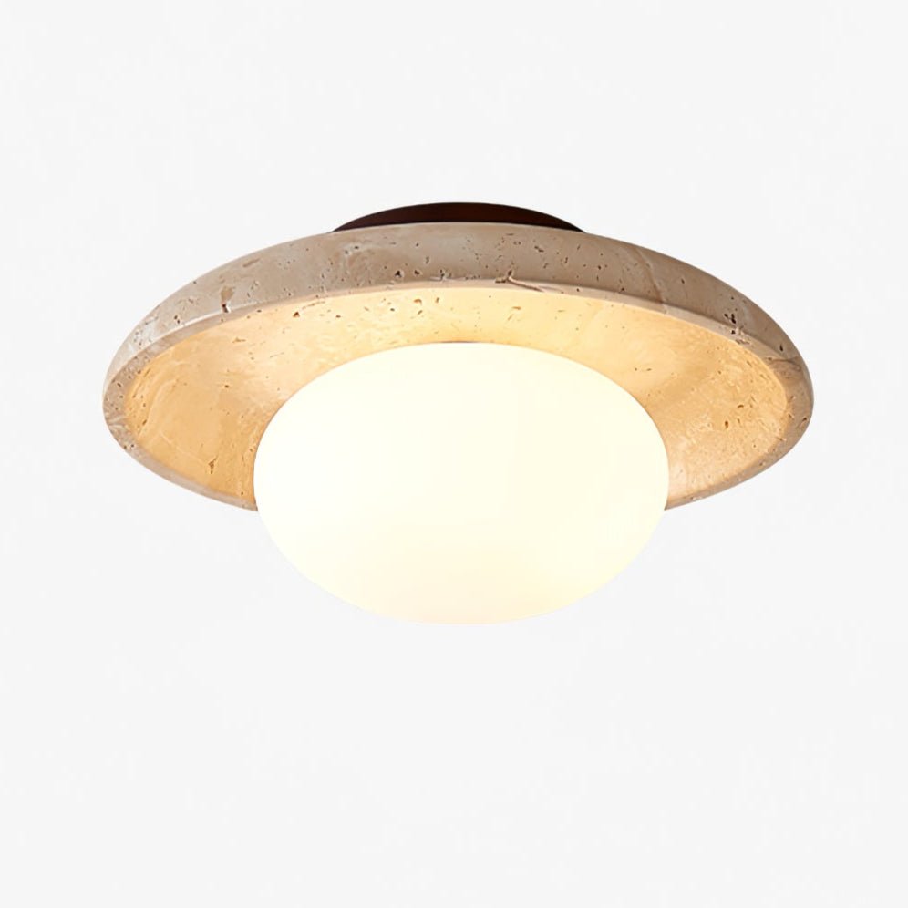 Lunaro Travertine Flush Mount Ceiling Light, Natural Stone & Opal Glass