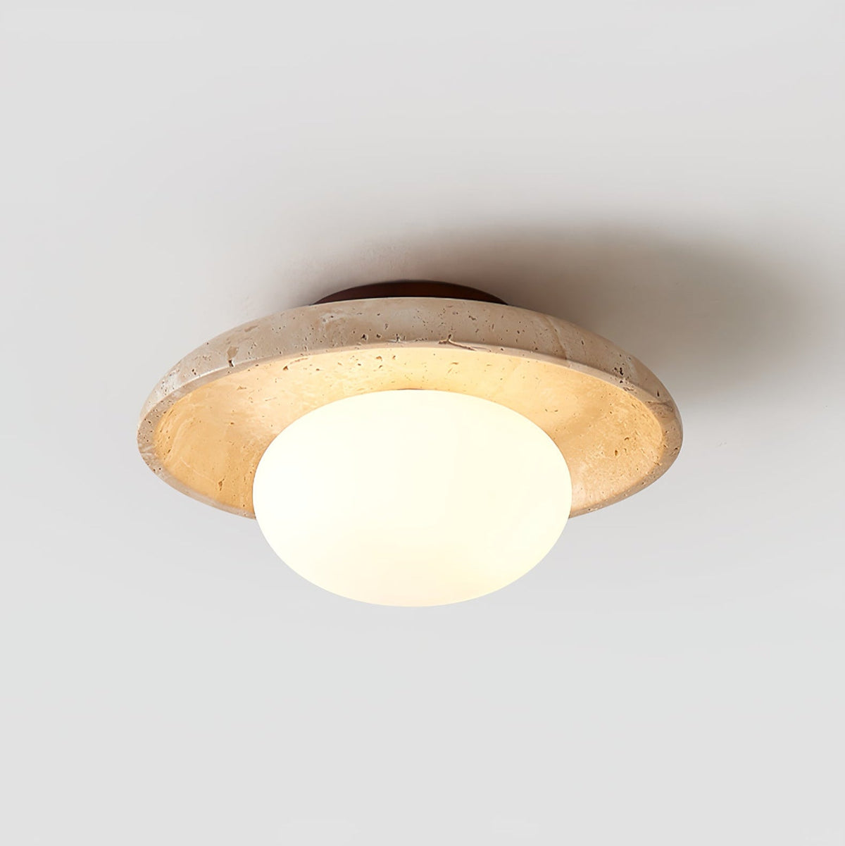 Lunaro Travertine Flush Mount Ceiling Light, Natural Stone & Opal Glass