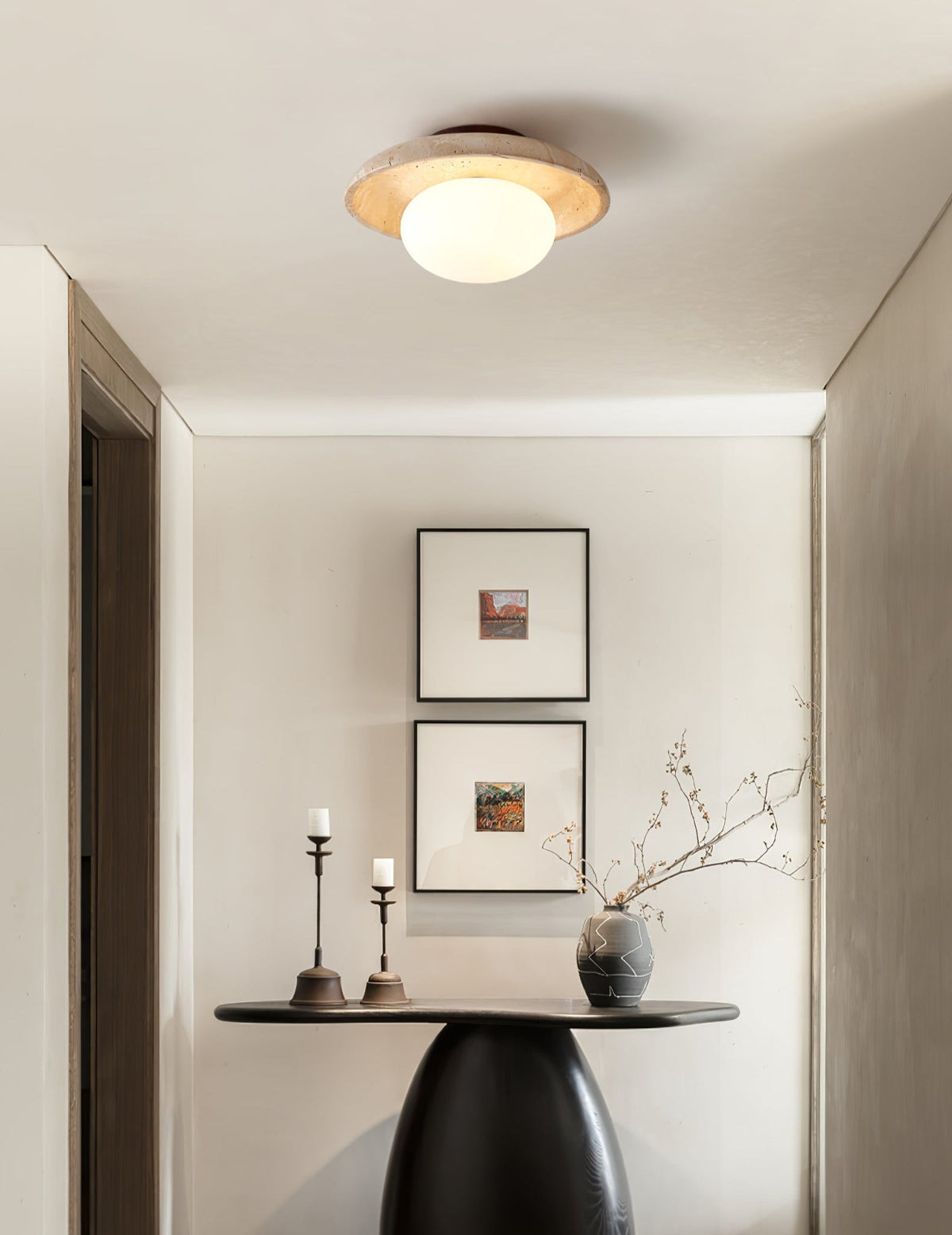 Lunaro Travertine Flush Mount Ceiling Light, Natural Stone & Opal Glass