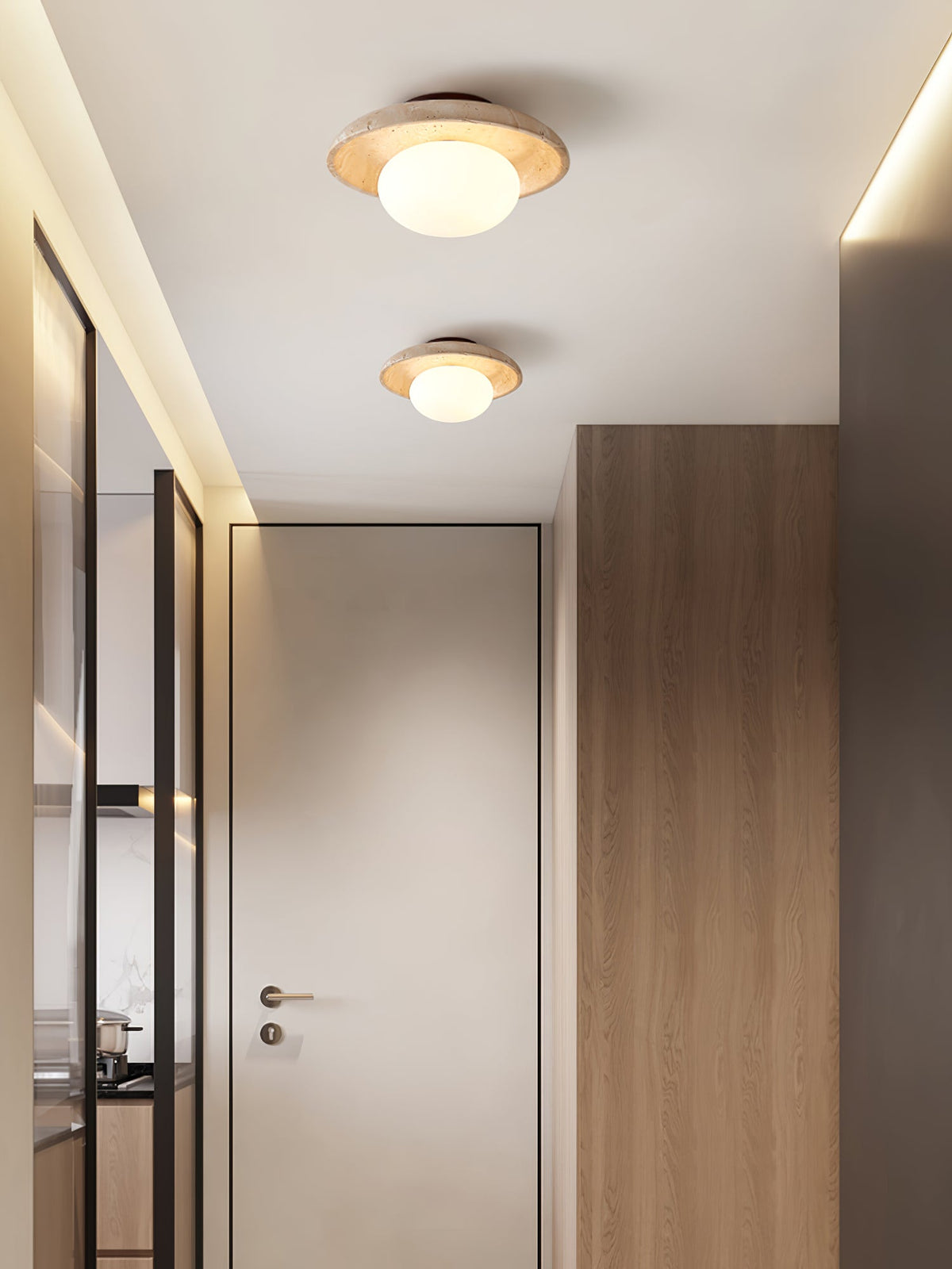Lunaro Travertine Flush Mount Ceiling Light, Natural Stone & Opal Glass