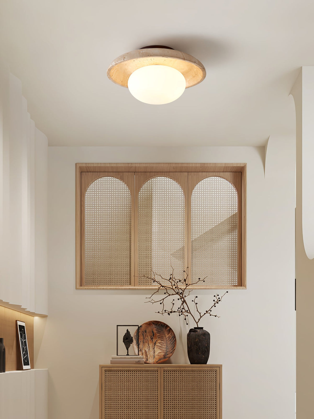 Lunaro Travertine Flush Mount Ceiling Light, Natural Stone & Opal Glass
