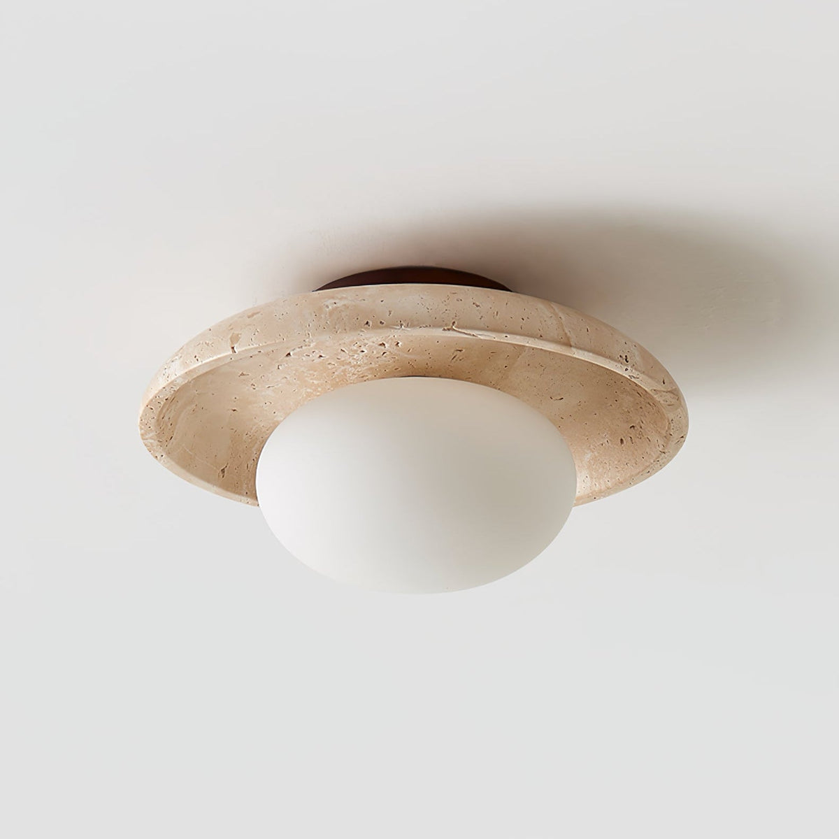 Lunaro Travertine Flush Mount Ceiling Light, Natural Stone & Opal Glass