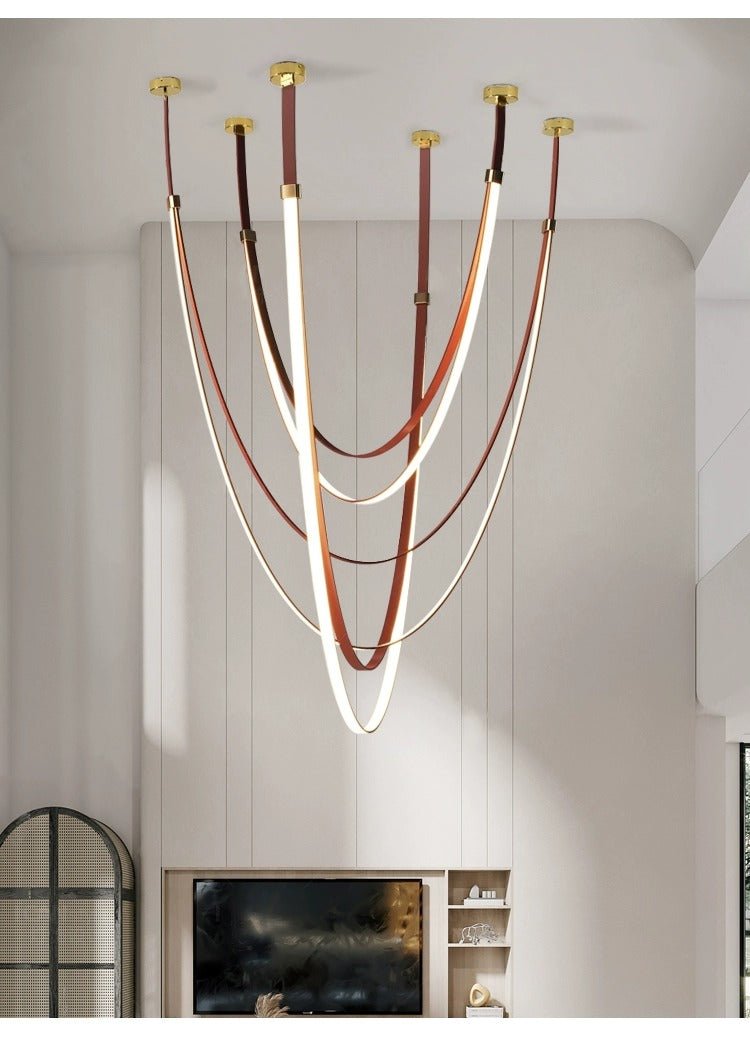 Lunestra Strap Chandelier — Sculptural LED Pendant Light in Leather and Brass