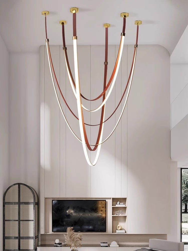 Lunestra Strap Chandelier — Sculptural LED Pendant Light in Leather and Brass