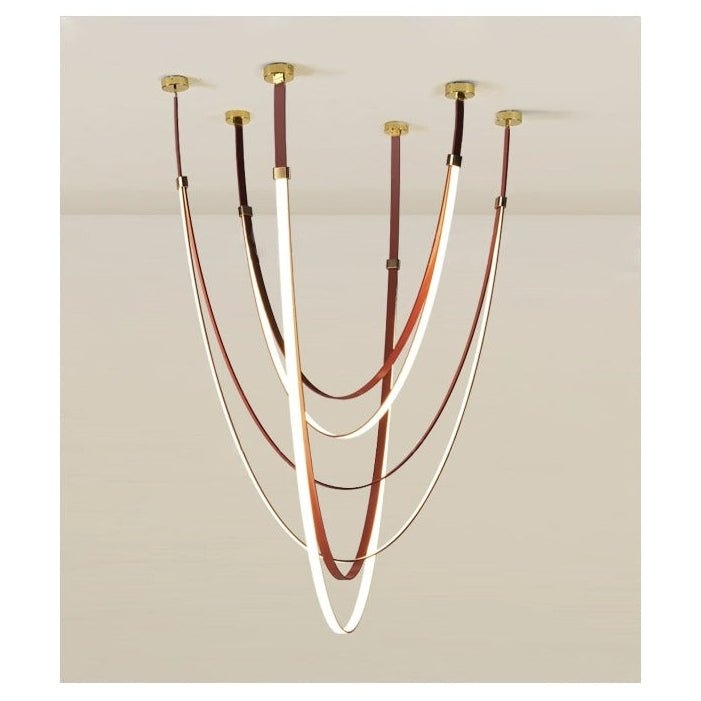 Lunestra Strap Chandelier — Sculptural LED Pendant Light in Leather and Brass