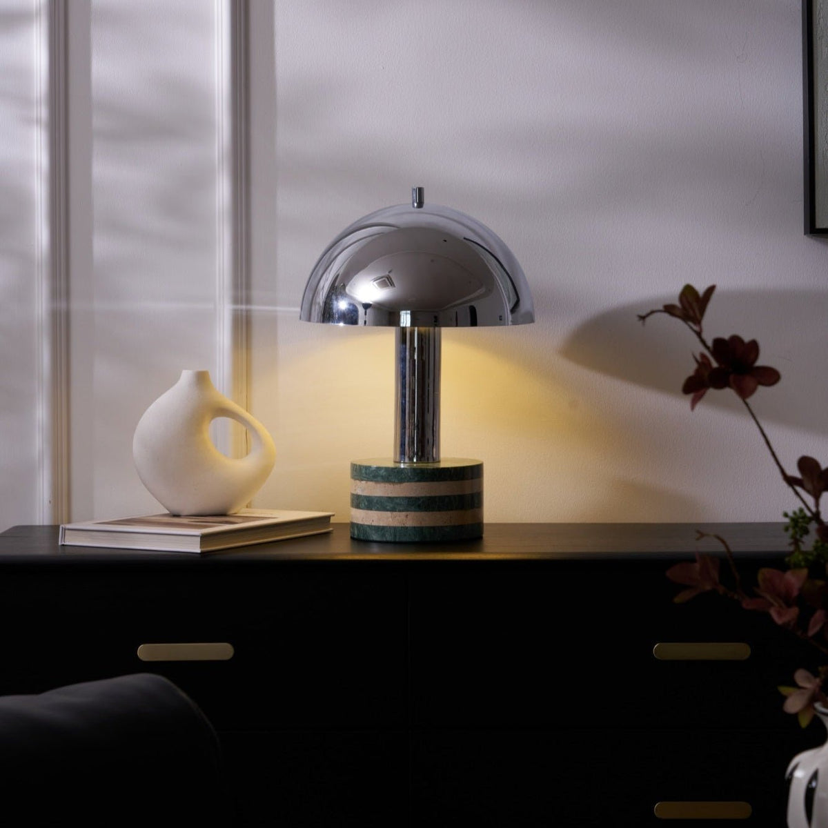 Luno Chrome Table Lamp with Green Marble Base – Modern Designer Desk Light