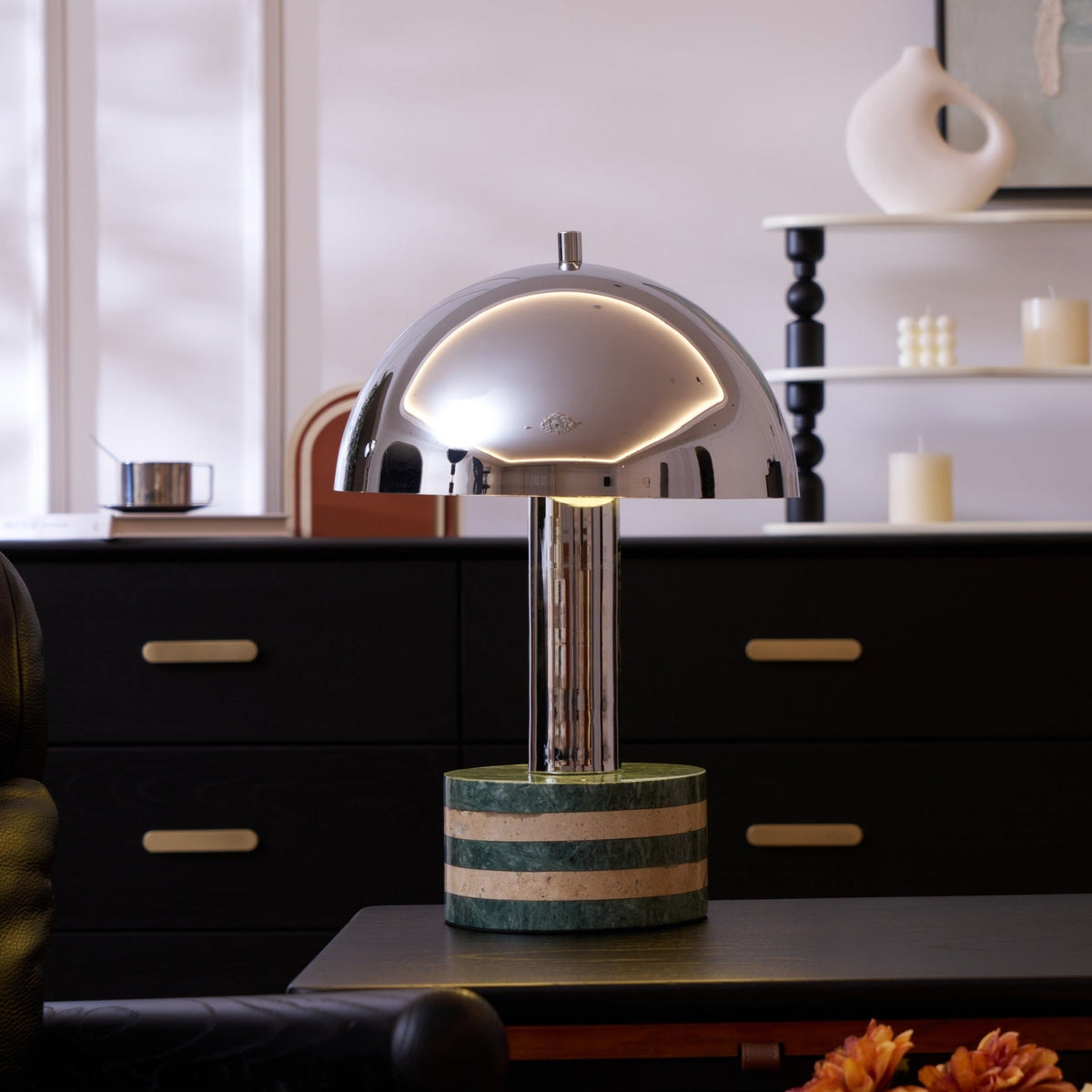 Luno Chrome Table Lamp with Green Marble Base – Modern Designer Desk Light