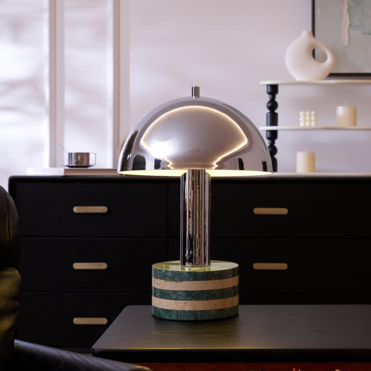 Luno Chrome Table Lamp with Green Marble Base – Modern Designer Desk Light
