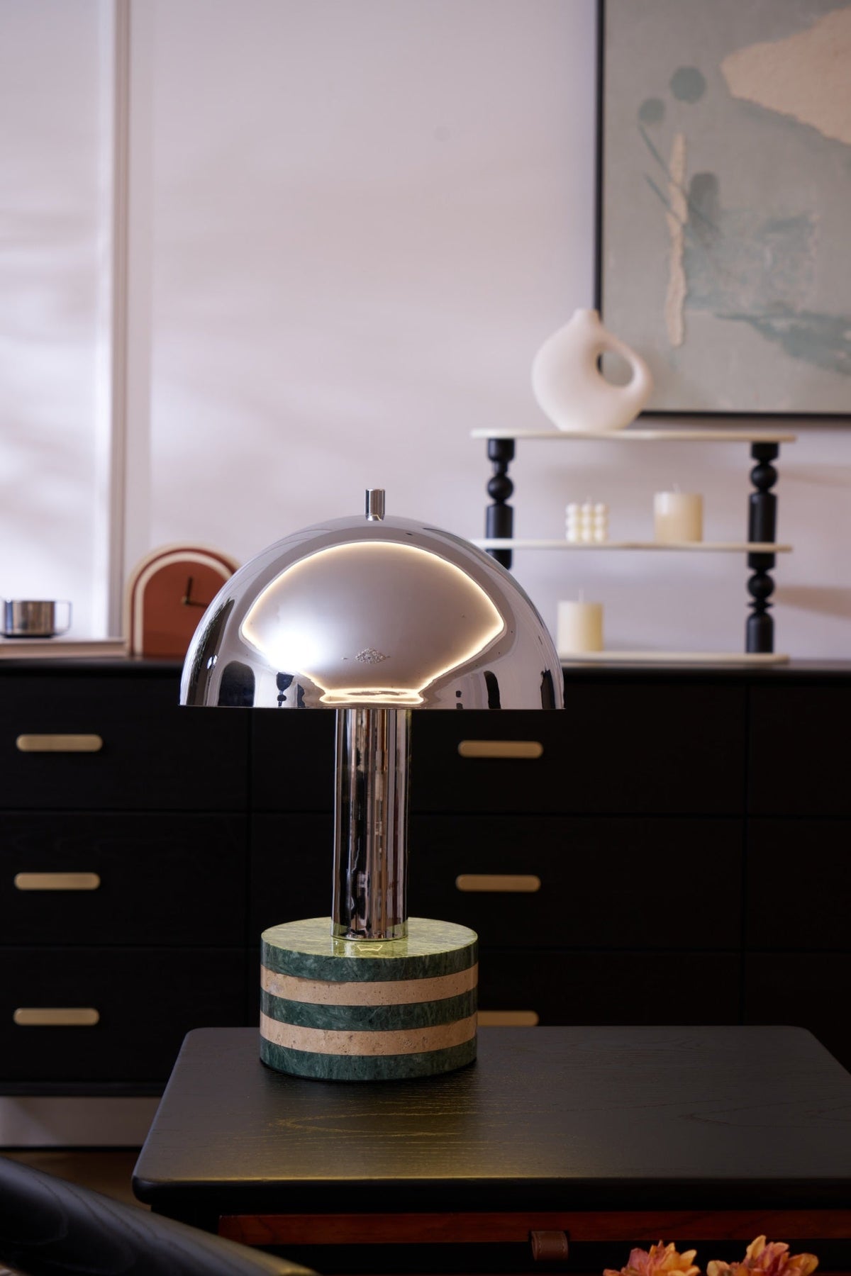 Luno Chrome Table Lamp with Green Marble Base – Modern Designer Desk Light