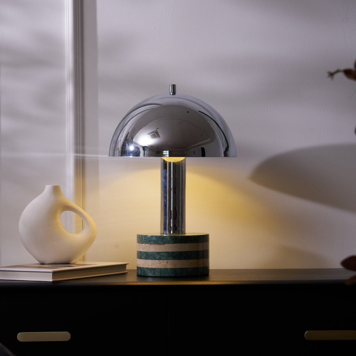 Luno Chrome Table Lamp with Green Marble Base – Modern Designer Desk Light