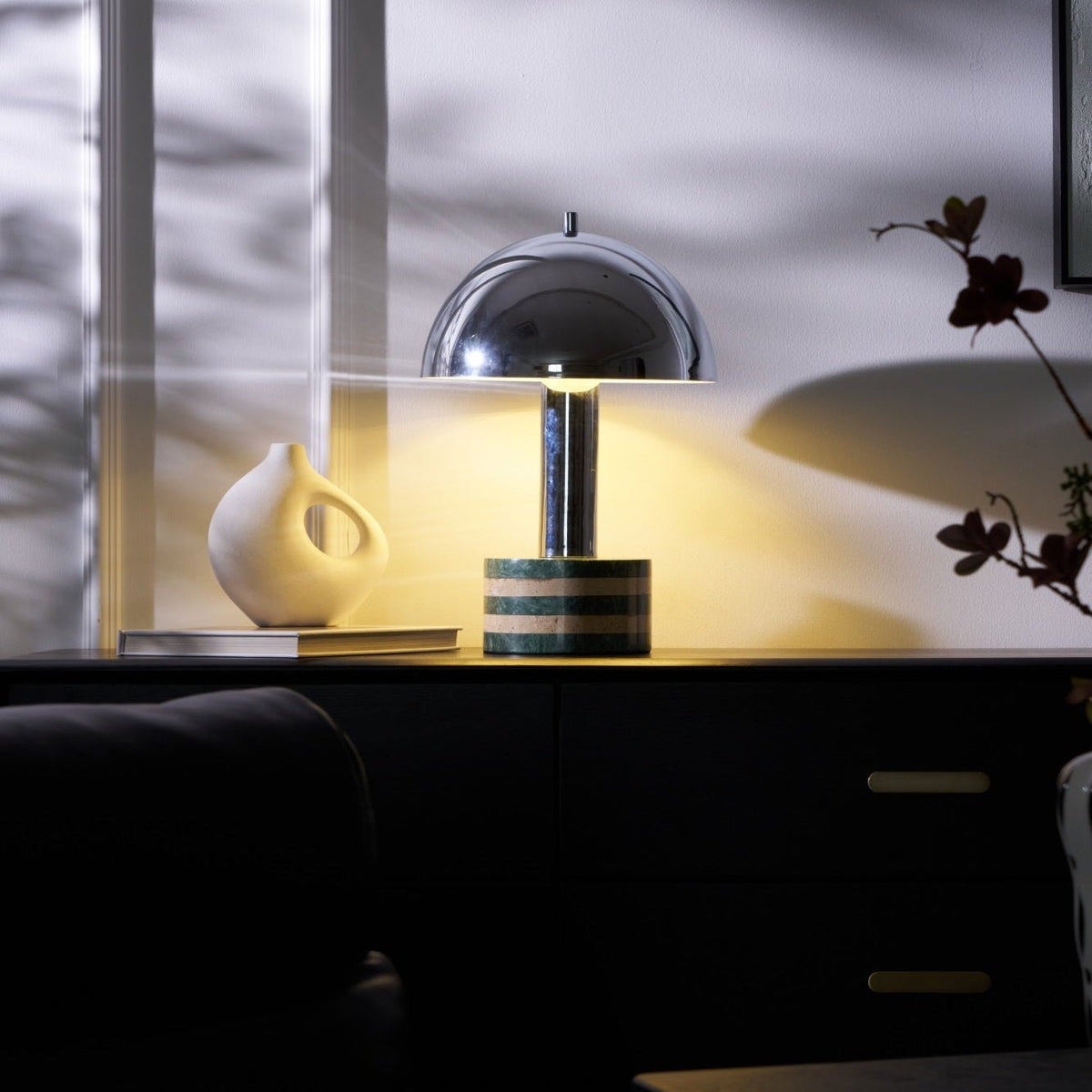 Luno Chrome Table Lamp with Green Marble Base – Modern Designer Desk Light