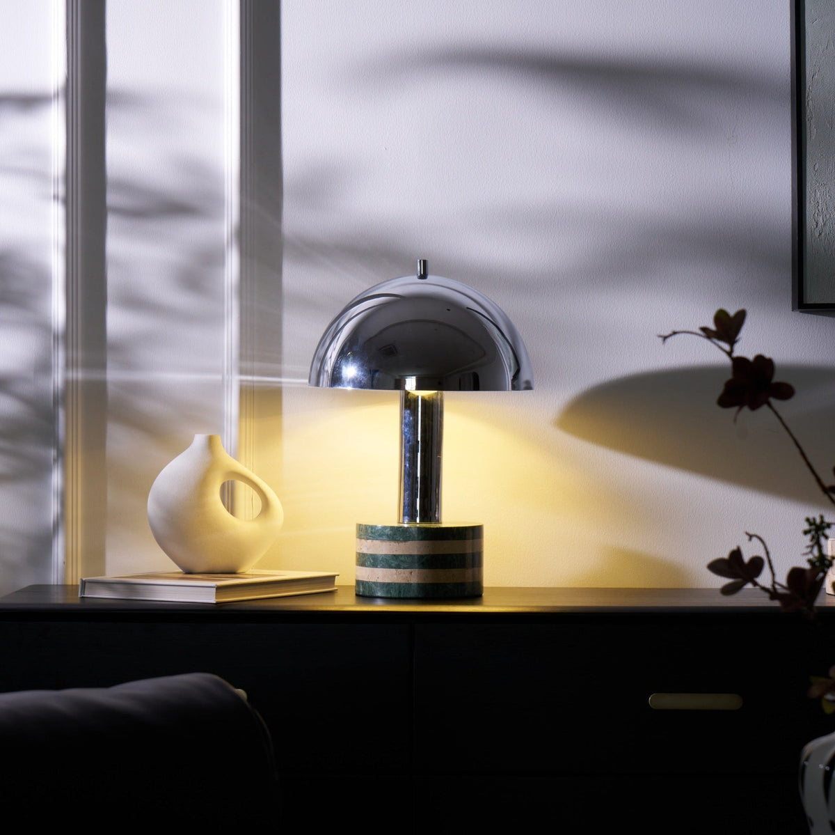 Luno Chrome Table Lamp with Green Marble Base – Modern Designer Desk Light