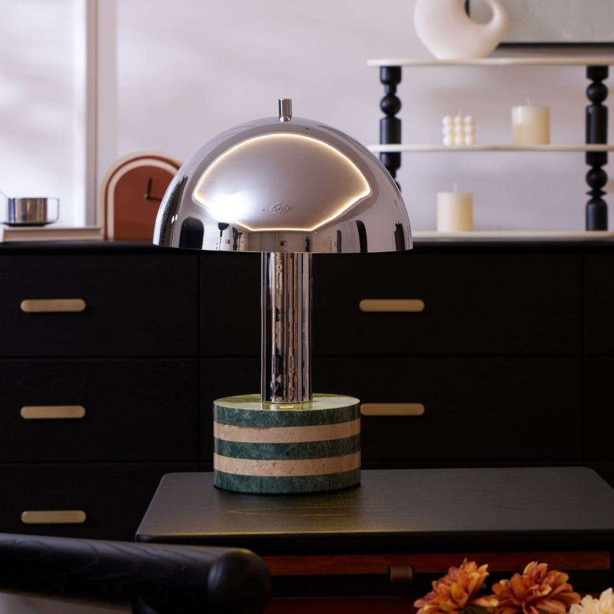 Luno Chrome Table Lamp with Green Marble Base – Modern Designer Desk Light
