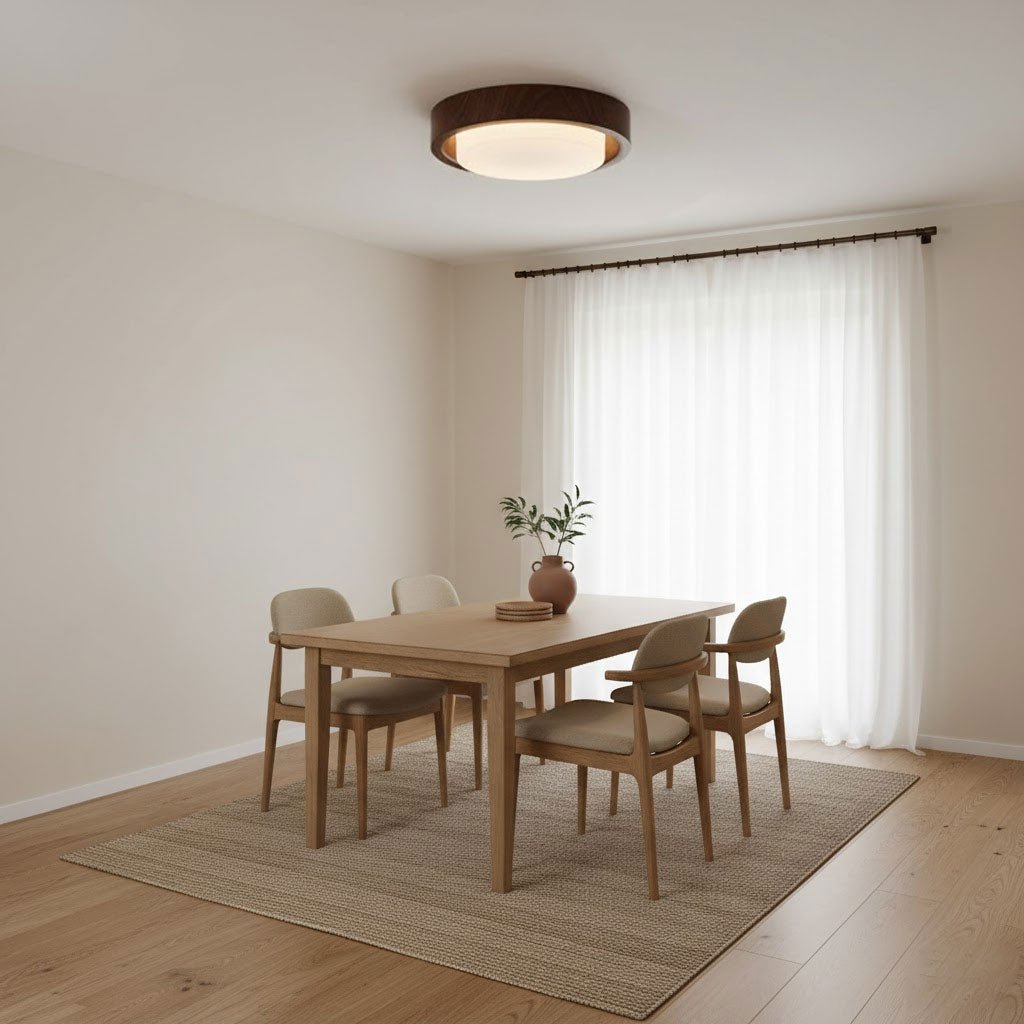 Lunor Ring Ceiling Light in Walnut Wood Grain Finish, Modern LED Flush Mount