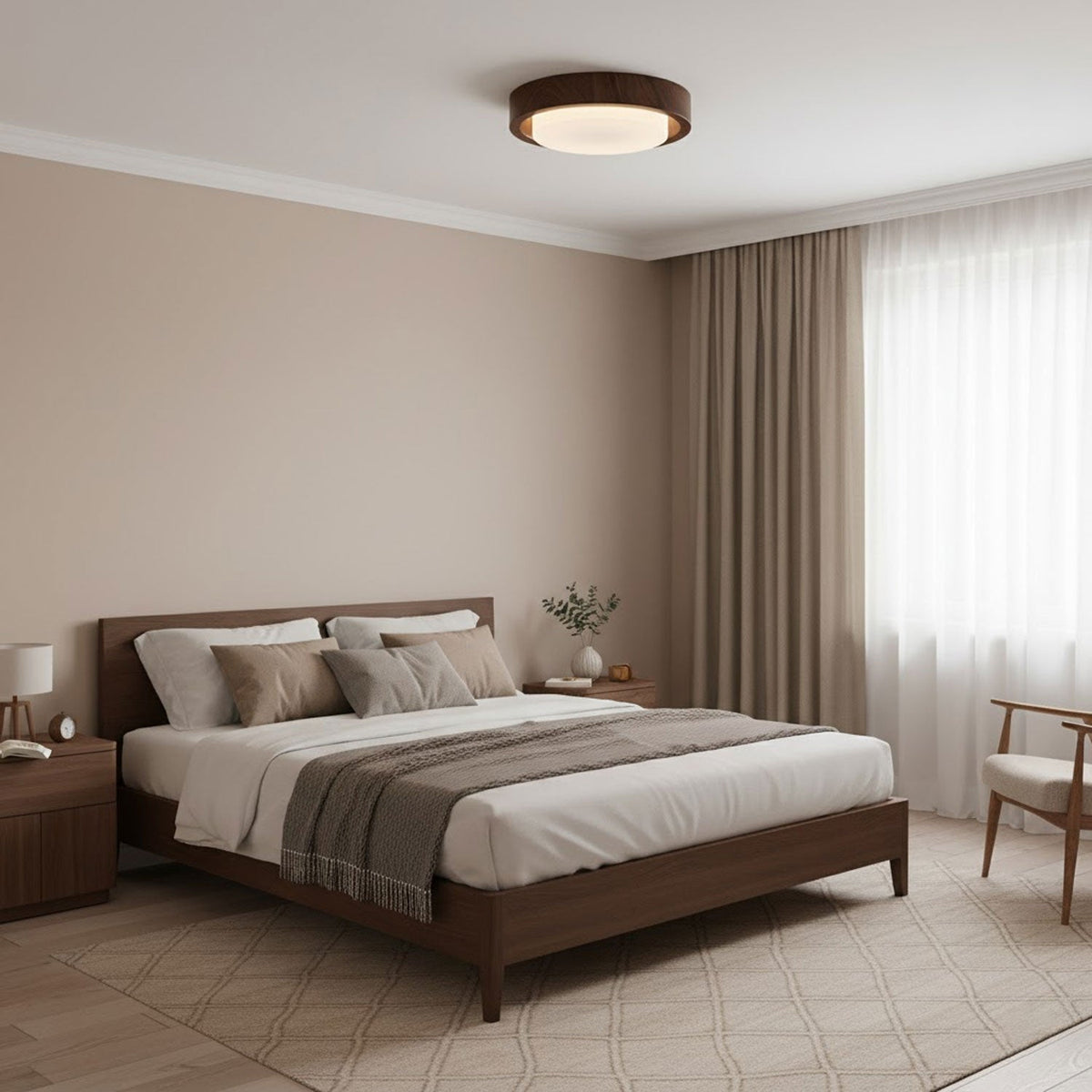 Lunor Ring Ceiling Light in Walnut Wood Grain Finish, Modern LED Flush Mount