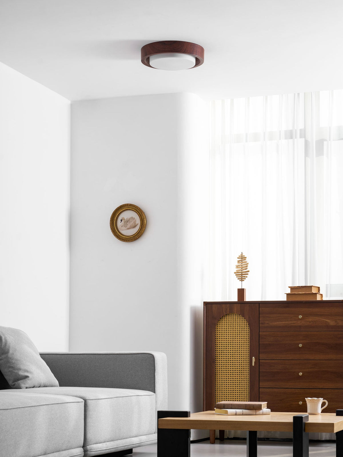 Lunor Ring Ceiling Light in Walnut Wood Grain Finish, Modern LED Flush Mount