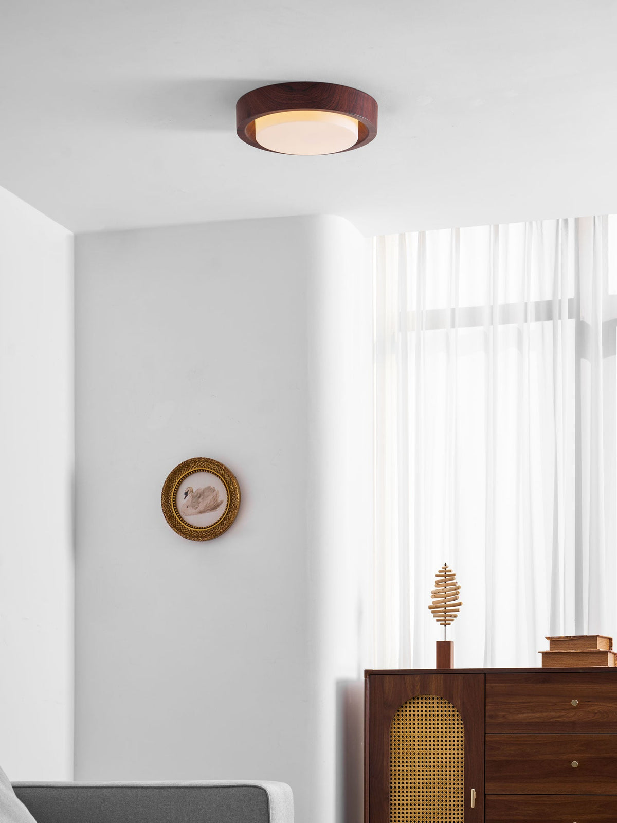 Lunor Ring Ceiling Light in Walnut Wood Grain Finish, Modern LED Flush Mount