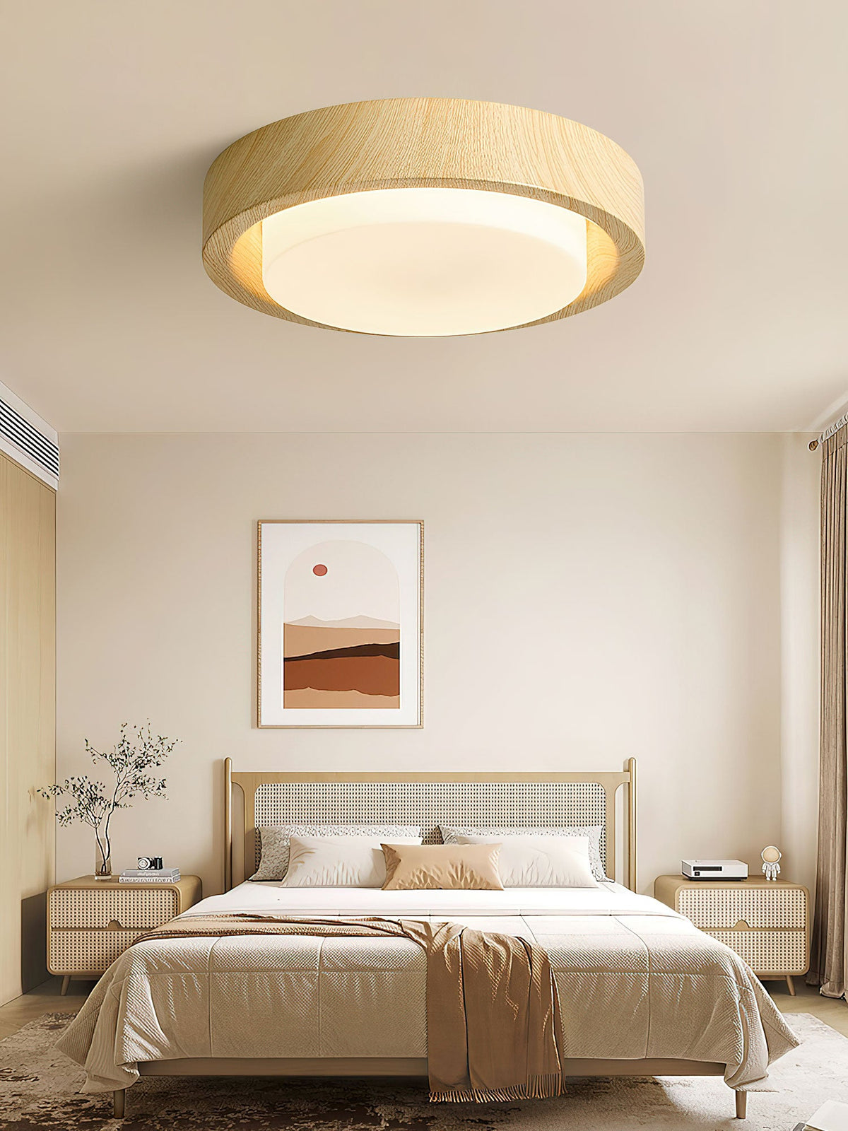 Lunor Ring Ceiling Light in Walnut Wood Grain Finish, Modern LED Flush Mount