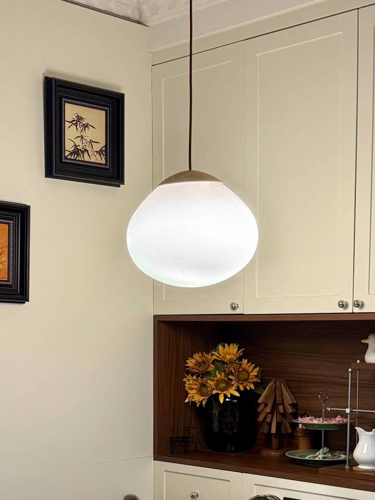 Lunora Dome Pendant Light – Frosted Glass & Wood Accent, Modern Minimalist Hanging Lamp