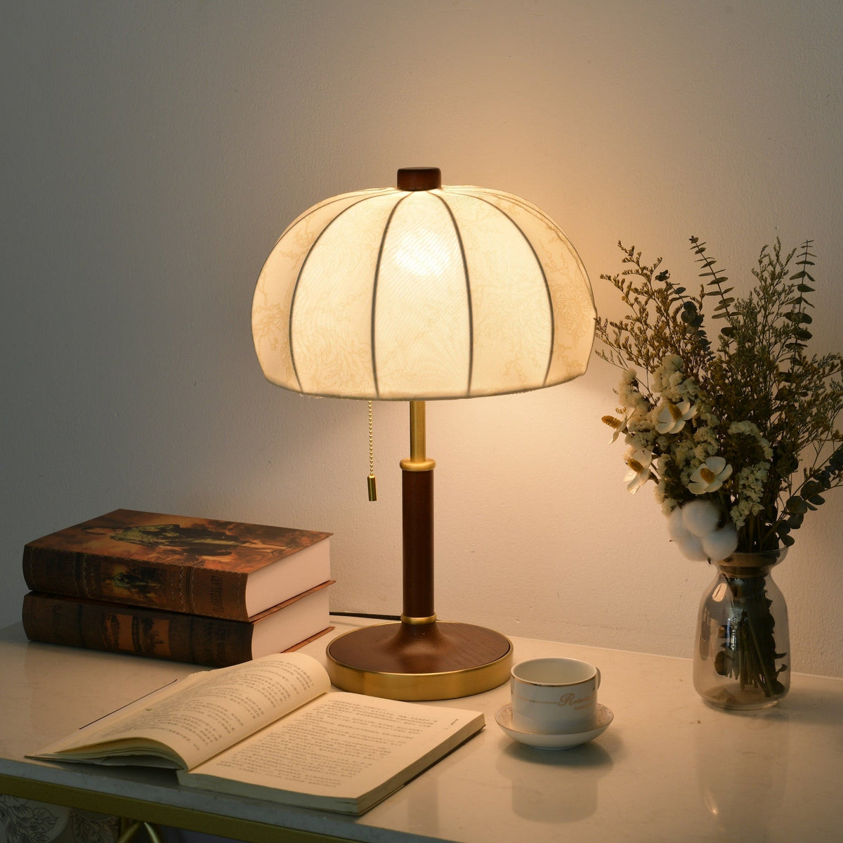 Lunora Fabric Table Lamp with Walnut Wood and Brass Accents