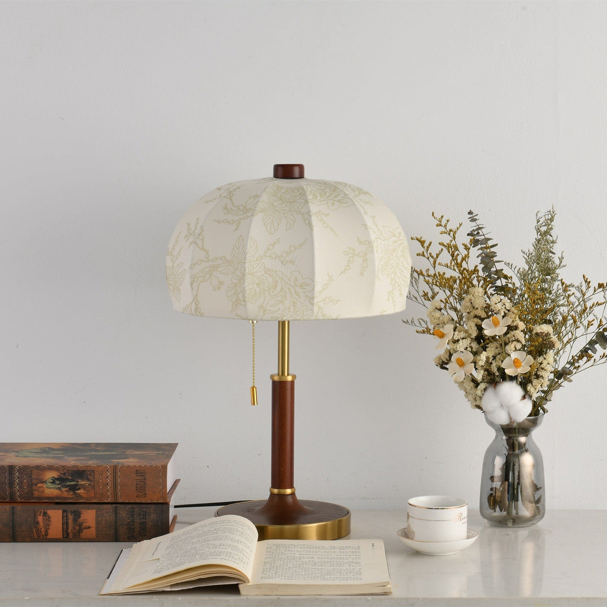 Lunora Fabric Table Lamp with Walnut Wood and Brass Accents