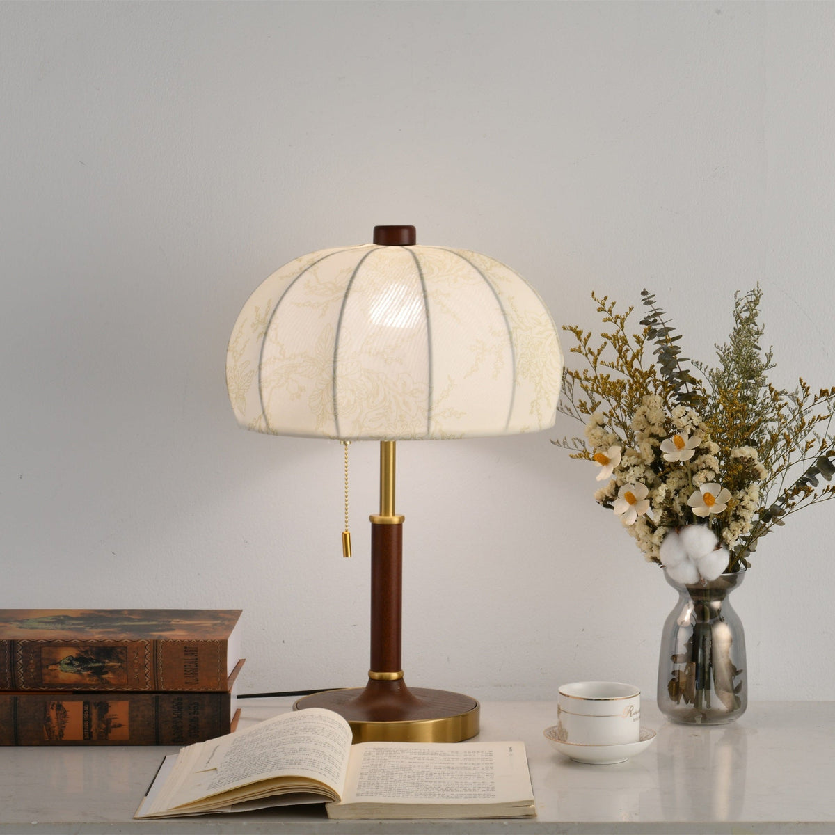 Lunora Fabric Table Lamp with Walnut Wood and Brass Accents